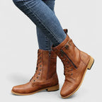 Combat Boots Black Leather Lace-Up Women's Mid-Calf with Side Zip & Buckle – Casual, Office, Holiday, Gift