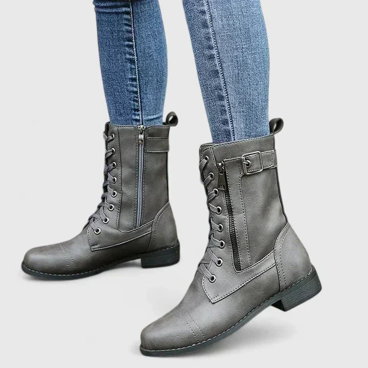 Combat Boots Black Leather Lace-Up Women's Mid-Calf with Side Zip & Buckle – Casual, Office, Holiday, Gift