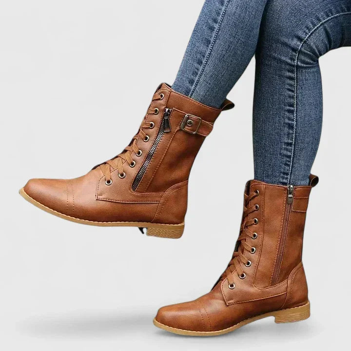 Combat Boots Black Leather Lace-Up Women's Mid-Calf with Side Zip & Buckle – Casual, Office, Holiday, Gift