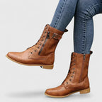 Combat Boots Black Leather Lace-Up Women's Mid-Calf with Side Zip & Buckle – Casual, Office, Holiday, Gift