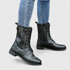 Combat Boots Black Leather Lace-Up Women's Mid-Calf with Side Zip & Buckle – Casual, Office, Holiday, Gift