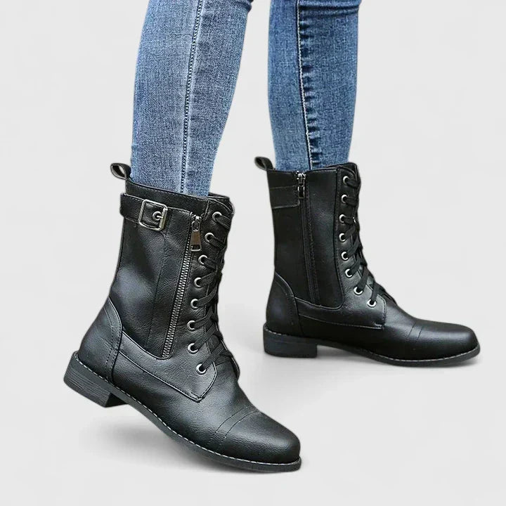Combat Boots Black Leather Lace-Up Women's Mid-Calf with Side Zip & Buckle – Casual, Office, Holiday, Gift