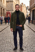 Corduroy Coat Green Men's Stand Collar Button-Up Jacket – Casual, Office, Holiday