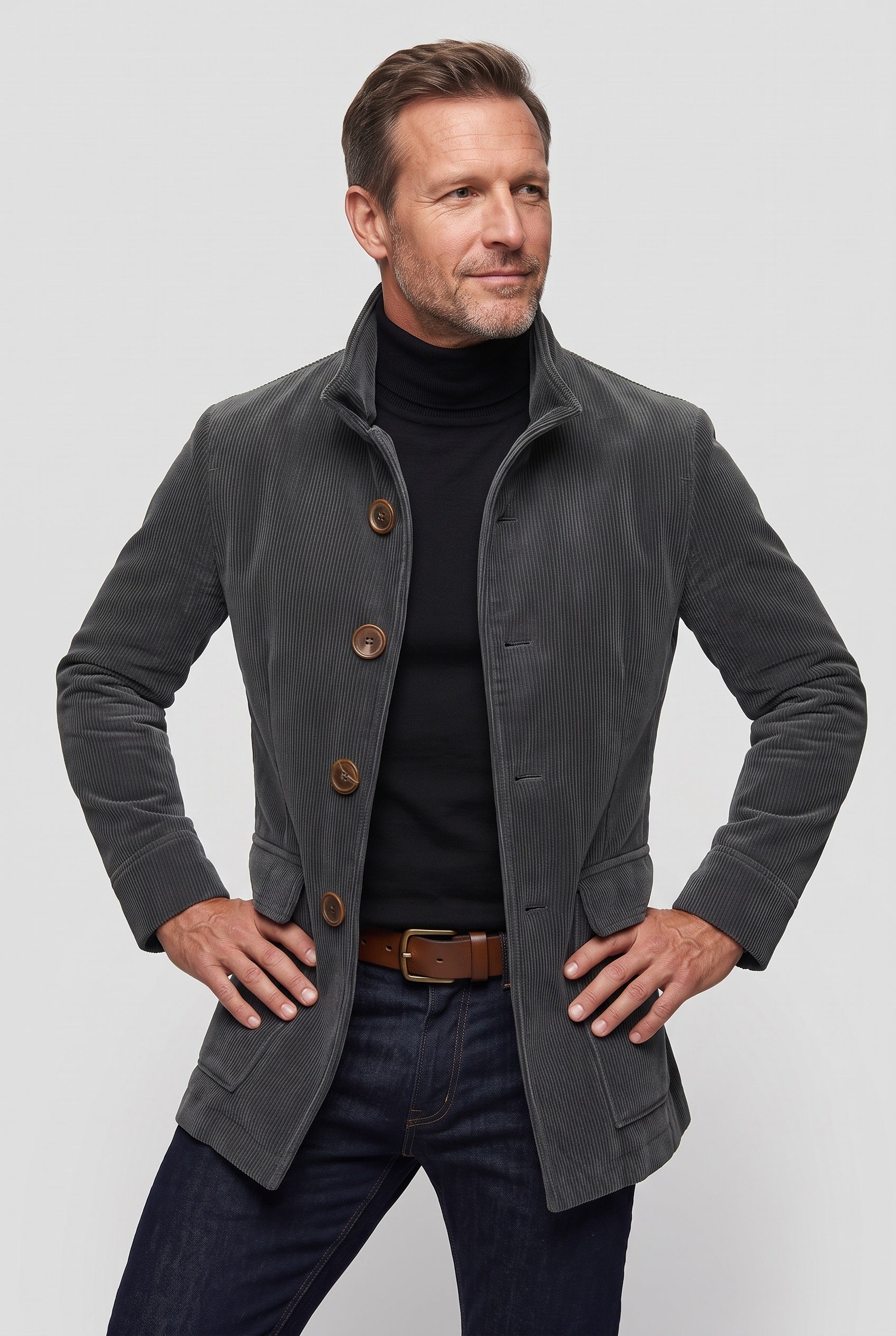 Corduroy Coat Green Men's Stand Collar Button-Up Jacket – Casual, Office, Holiday