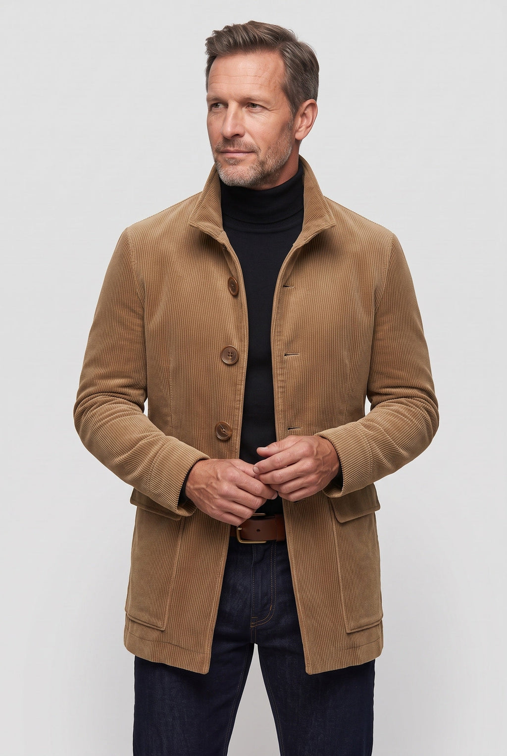 Corduroy Coat Green Men's Stand Collar Button-Up Jacket – Casual, Office, Holiday