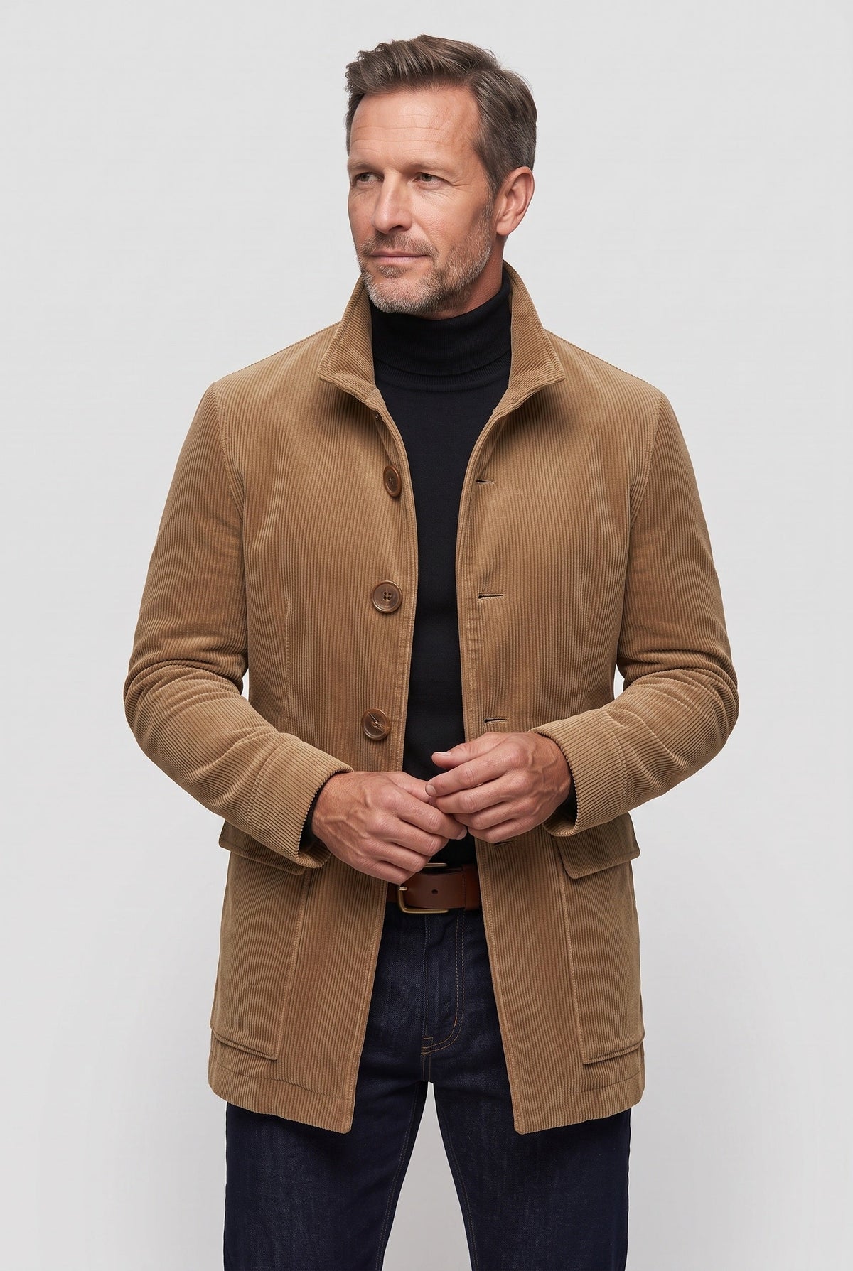 Corduroy Coat Green Men's Stand Collar Button-Up Jacket – Casual, Office, Holiday