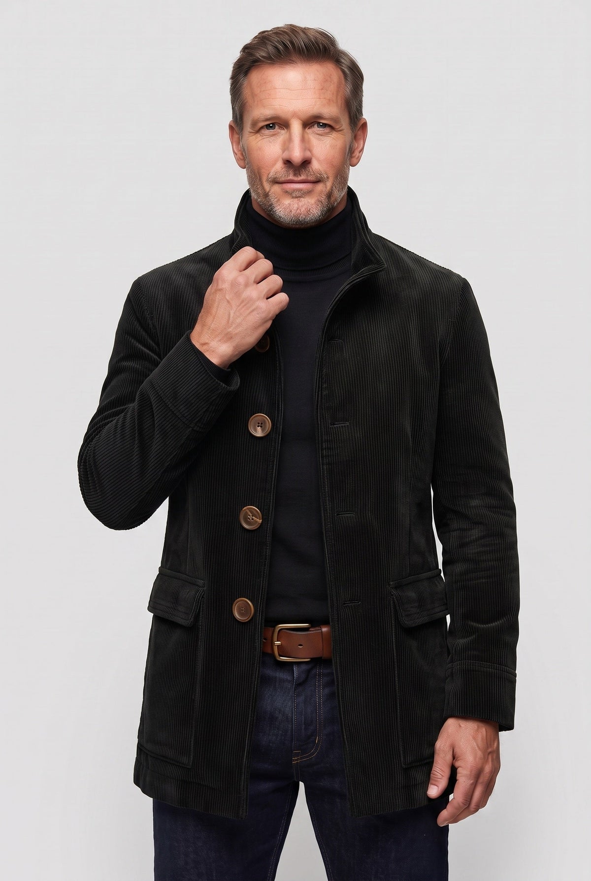 Corduroy Coat Green Men's Stand Collar Button-Up Jacket – Casual, Office, Holiday