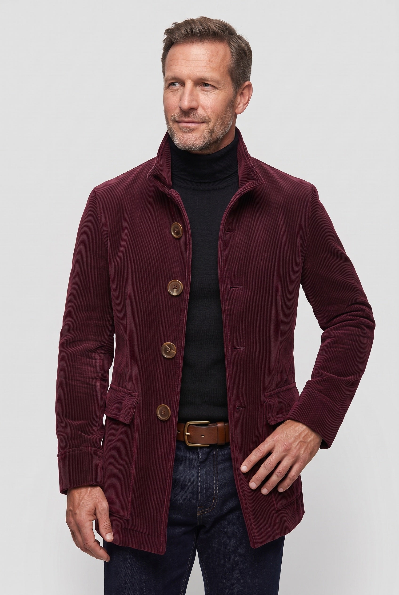 Corduroy Coat Green Men's Stand Collar Button-Up Jacket – Casual, Office, Holiday