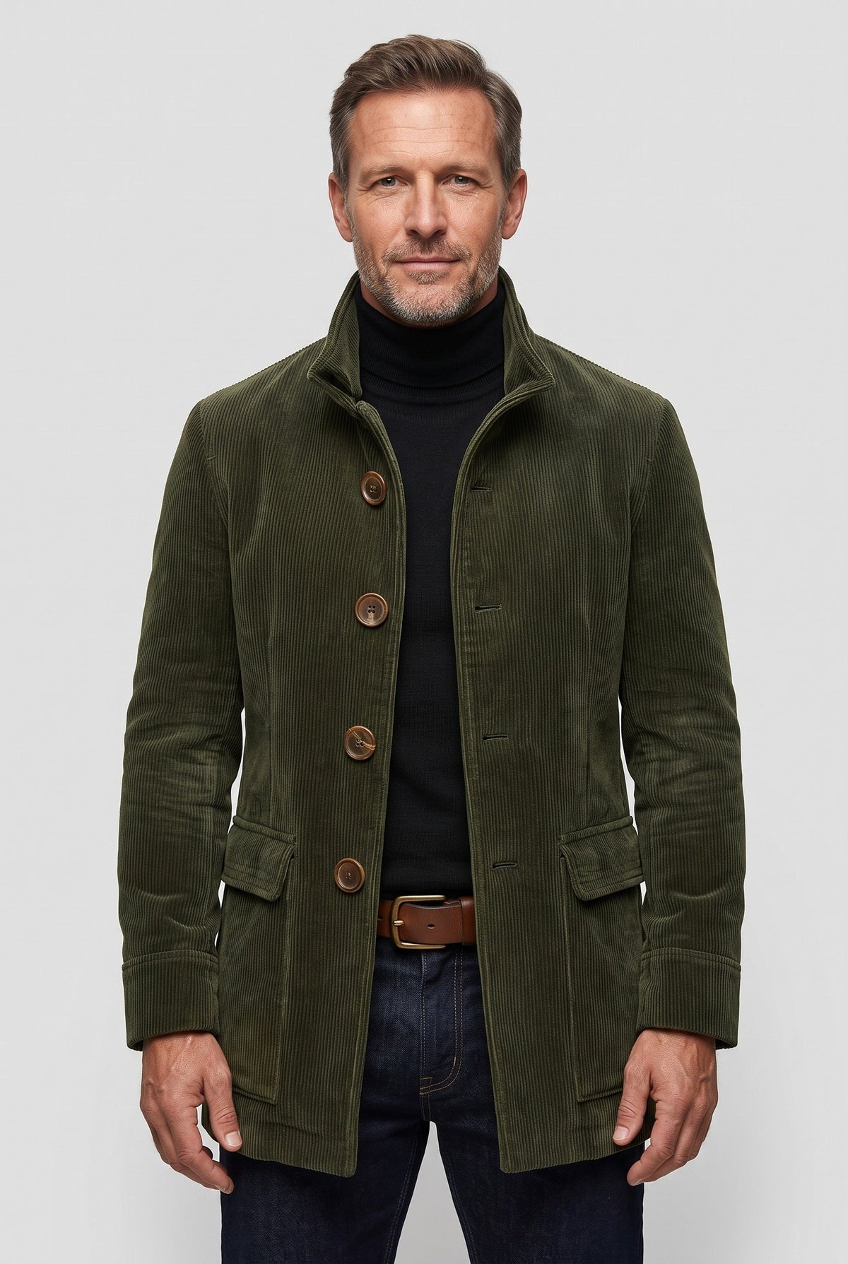 Corduroy Coat Green Men's Stand Collar Button-Up Jacket – Casual, Office, Holiday