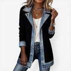 Corduroy Denim Patchwork Jacket Women's Long Sleeve Button-Up Collar – Casual, Office Layering