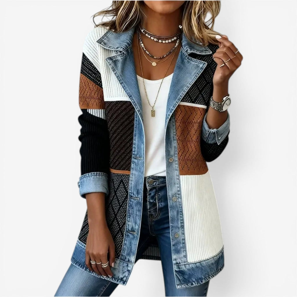 Corduroy Denim Patchwork Jacket Women's Long Sleeve Button-Up Collar – Casual, Office Layering
