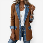 Corduroy Denim Patchwork Jacket Women's Long Sleeve Button-Up Collar – Casual, Office Layering