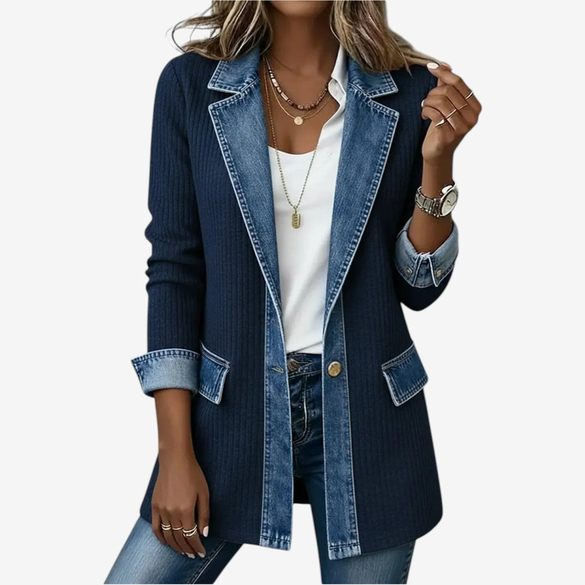 Corduroy Denim Patchwork Jacket Women's Long Sleeve Button-Up Collar – Casual, Office Layering