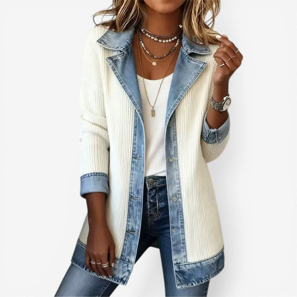Corduroy Denim Patchwork Jacket Women's Long Sleeve Button-Up Collar – Casual, Office Layering
