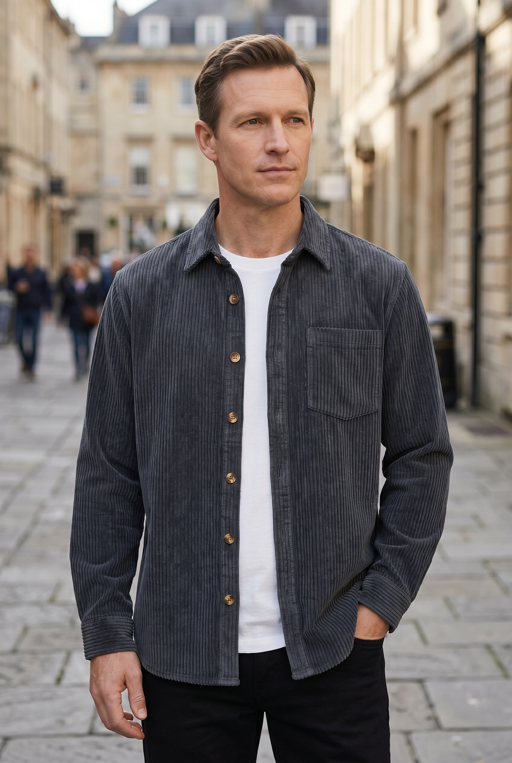 Corduroy Overshirt Charcoal Grey Men's Button-Down Shirt Jacket – Casual, Autumn Layering