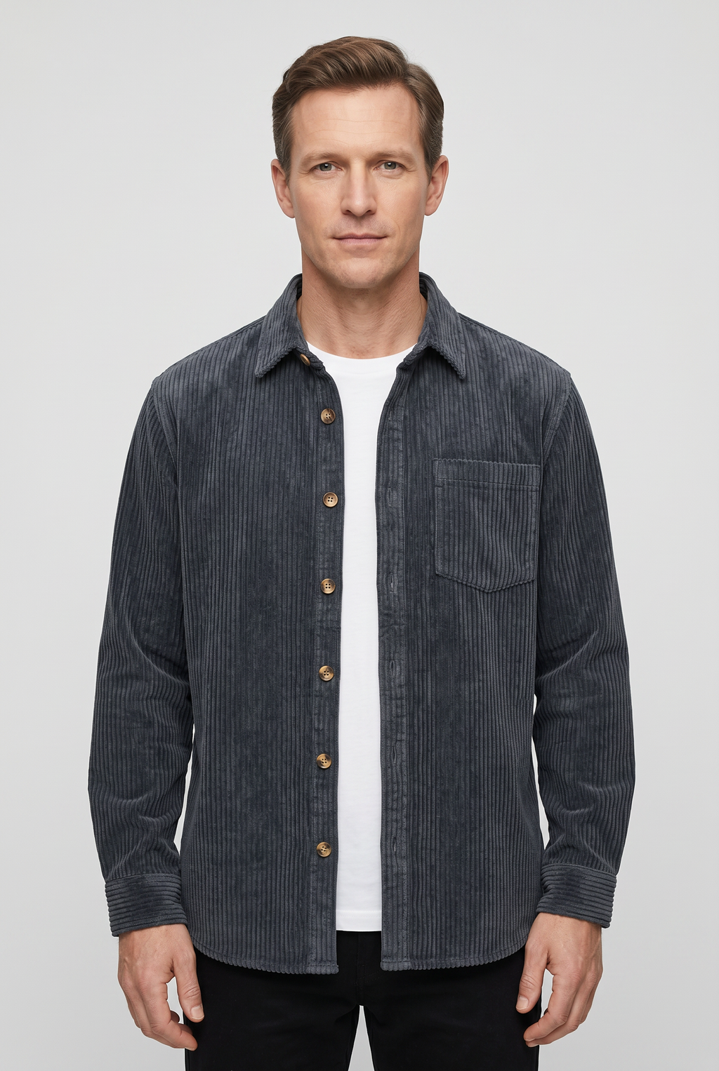 Corduroy Overshirt Charcoal Grey Men's Button-Down Shirt Jacket – Casual, Autumn Layering