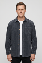 Corduroy Overshirt Charcoal Grey Men's Button-Down Shirt Jacket – Casual, Autumn Layering