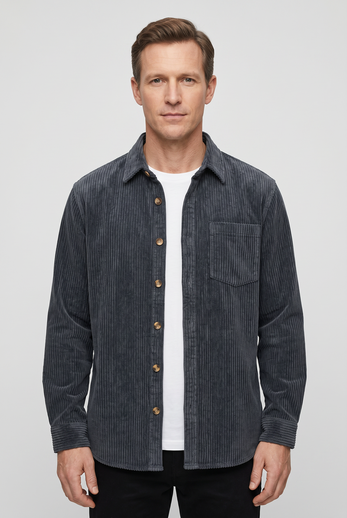 Corduroy Overshirt Charcoal Grey Men's Button-Down Shirt Jacket – Casual, Autumn Layering