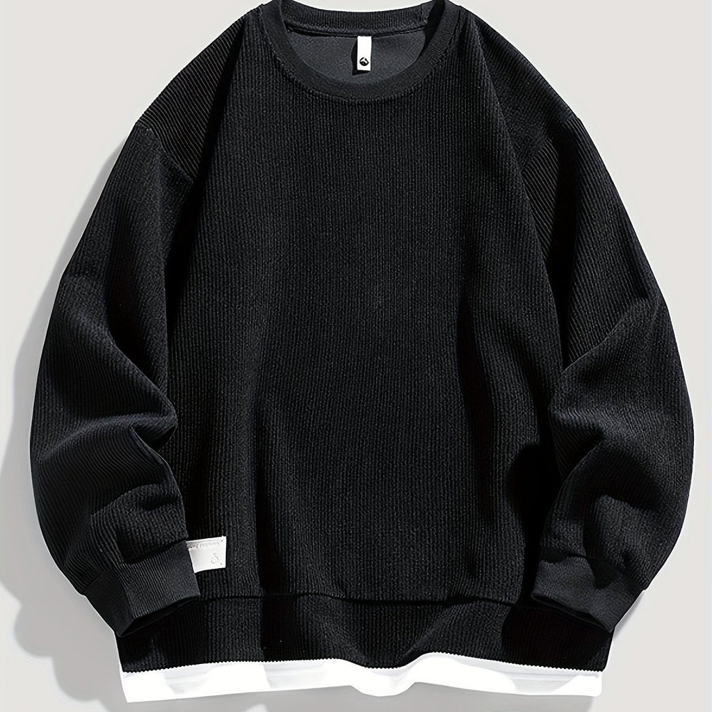 Corduroy Sweatshirt Men's Layered Crewneck Dark Grey Ribbed Pullover – Casual, Everyday Wear