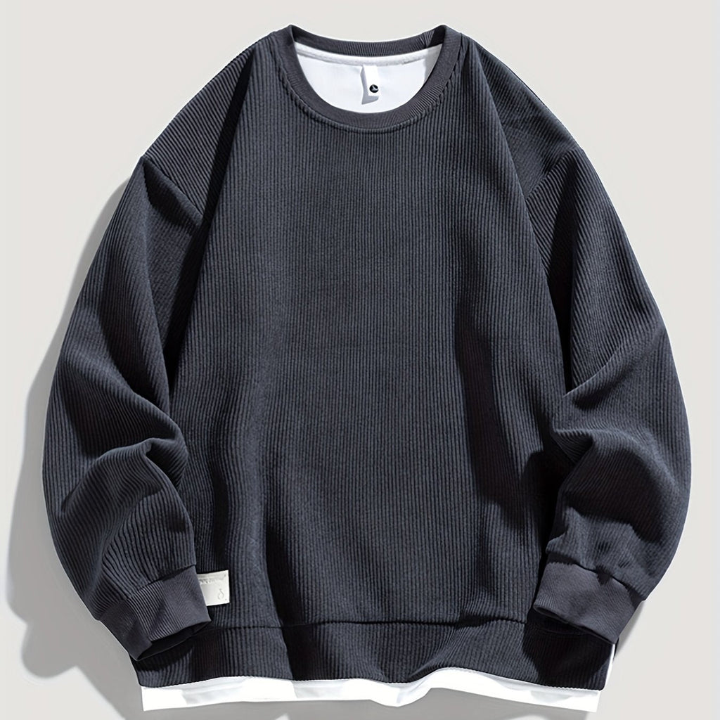 Corduroy Sweatshirt Men's Layered Crewneck Dark Grey Ribbed Pullover – Casual, Everyday Wear