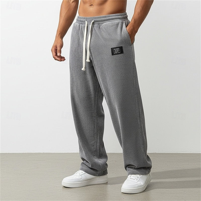 Corduroy Trousers Men's Green Drawstring Straight-Leg Sweatpants – Casual, Office