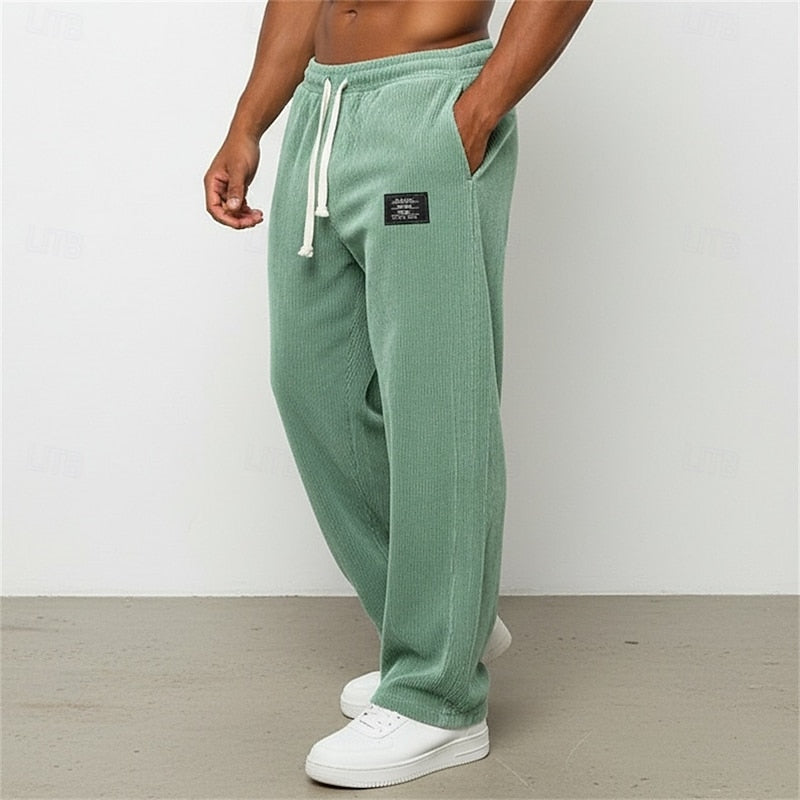 Corduroy Trousers Men's Green Drawstring Straight-Leg Sweatpants – Casual, Office