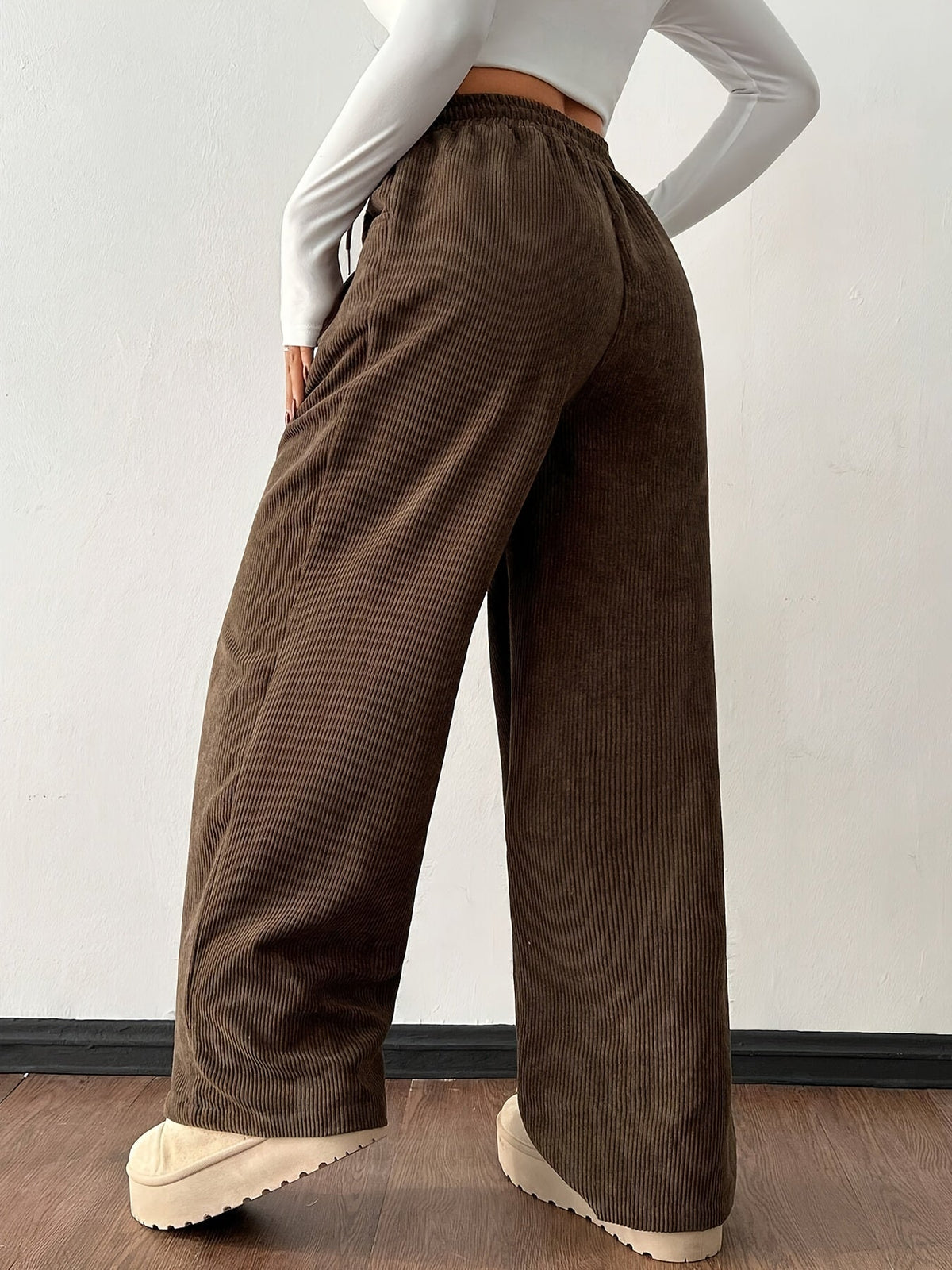 Corduroy Wide-Leg Trousers Brown Women's Drawstring Elastic Waist – Casual, Everyday
