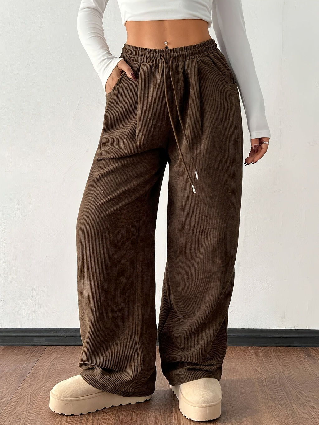 Corduroy Wide-Leg Trousers Brown Women's Drawstring Elastic Waist – Casual, Everyday