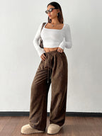 Corduroy Wide-Leg Trousers Brown Women's Drawstring Elastic Waist – Casual, Everyday