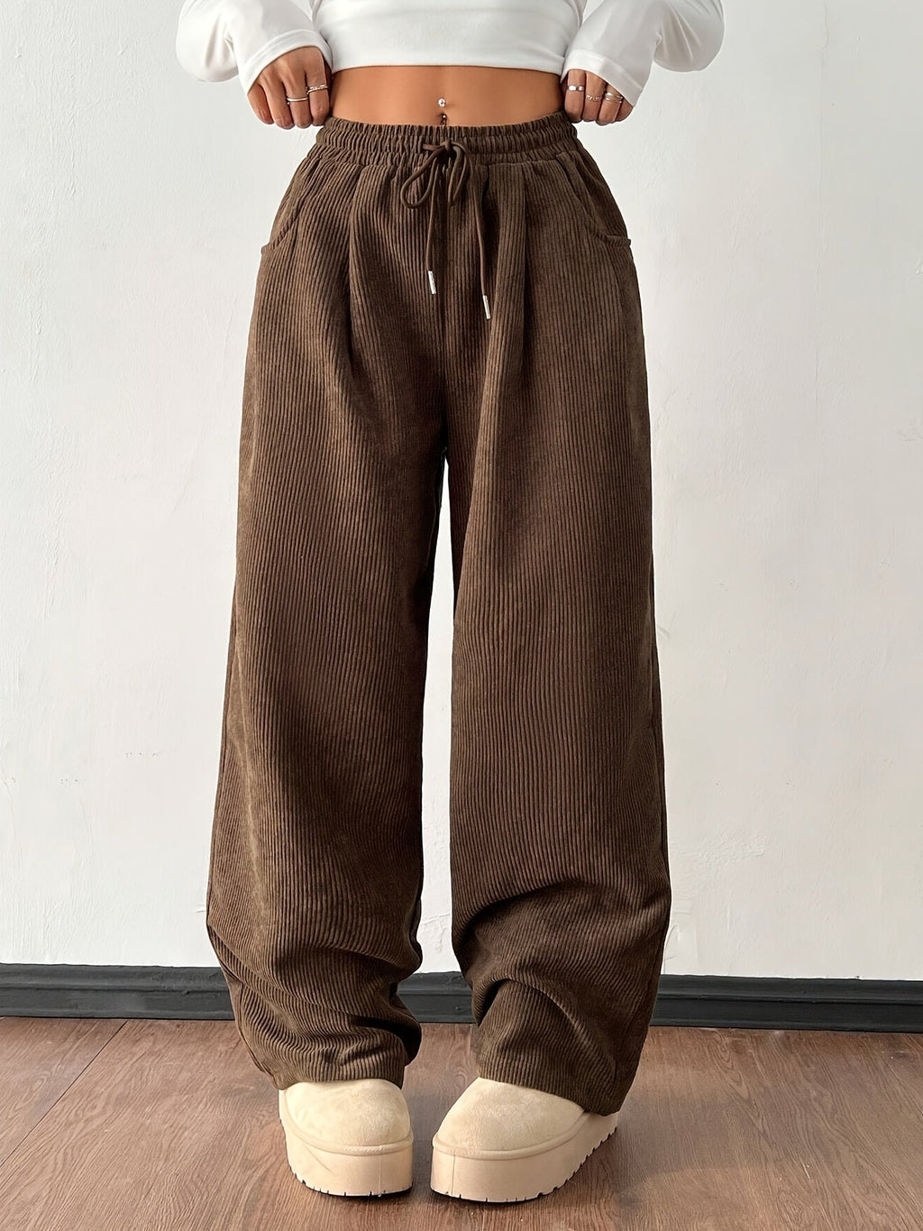 Corduroy Wide-Leg Trousers Brown Women's Drawstring Elastic Waist – Casual, Everyday
