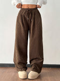 Corduroy Wide-Leg Trousers Brown Women's Drawstring Elastic Waist – Casual, Everyday