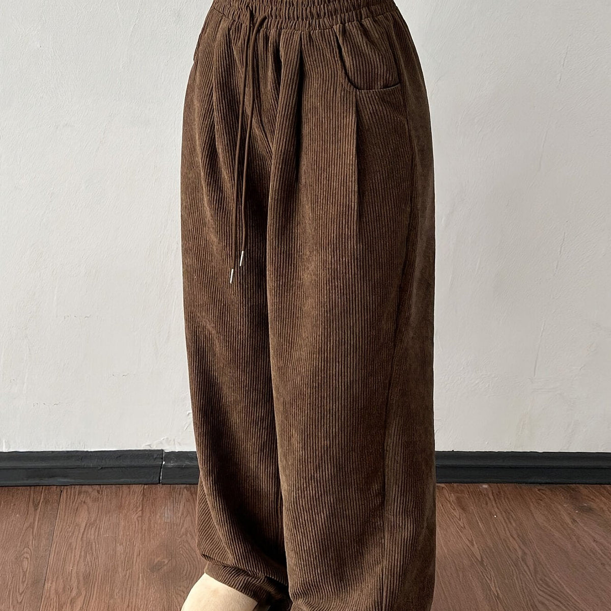 Corduroy Wide-Leg Trousers Brown Women's Drawstring Elastic Waist – Casual, Everyday