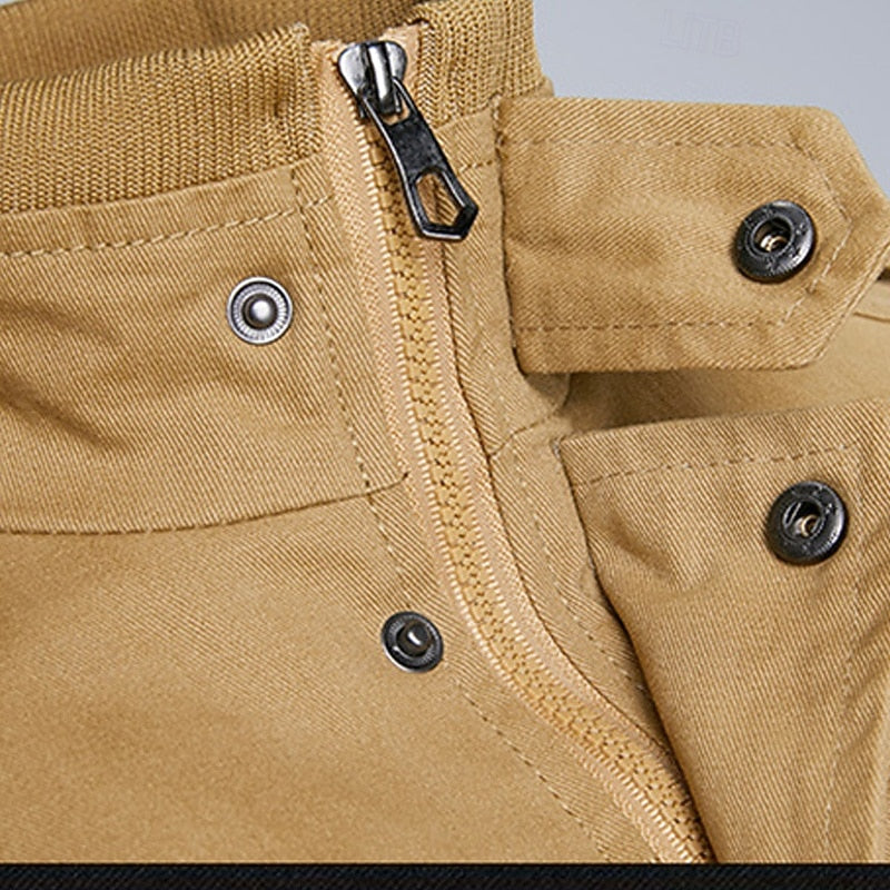Cotton Field Jacket Men's Khaki Stand Collar Cargo Bomber – Casual, Office, Holiday, Gift
