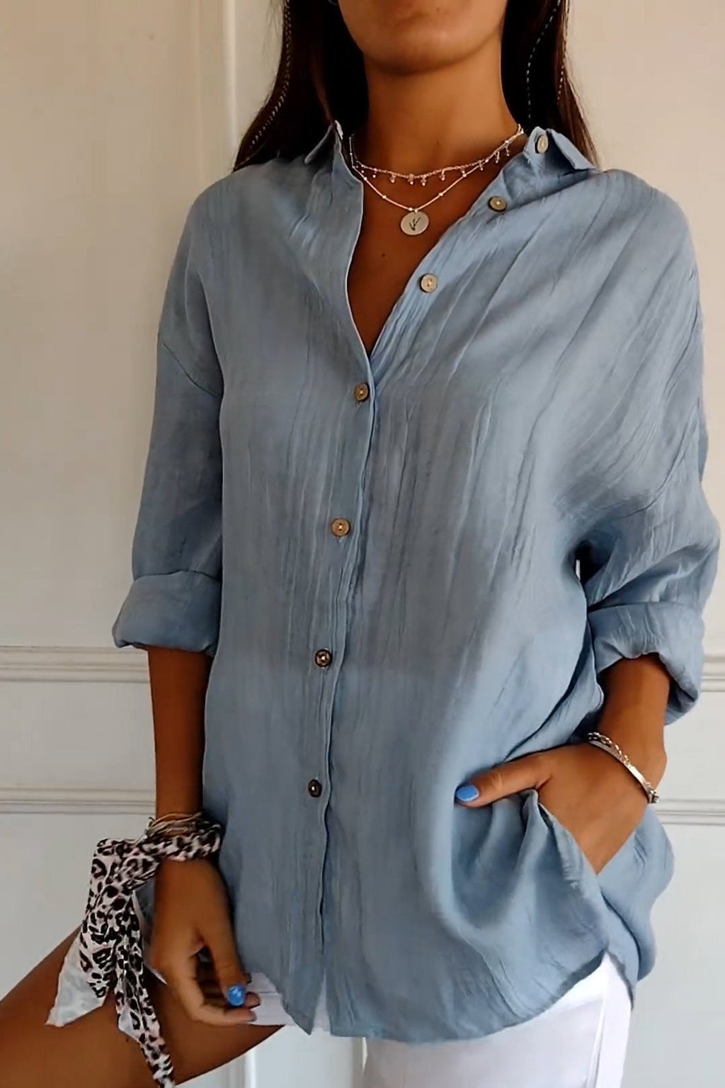 Cotton Shirt Light Blue Women's Button Up Long Sleeve – Casual, Office, Holiday · Werune