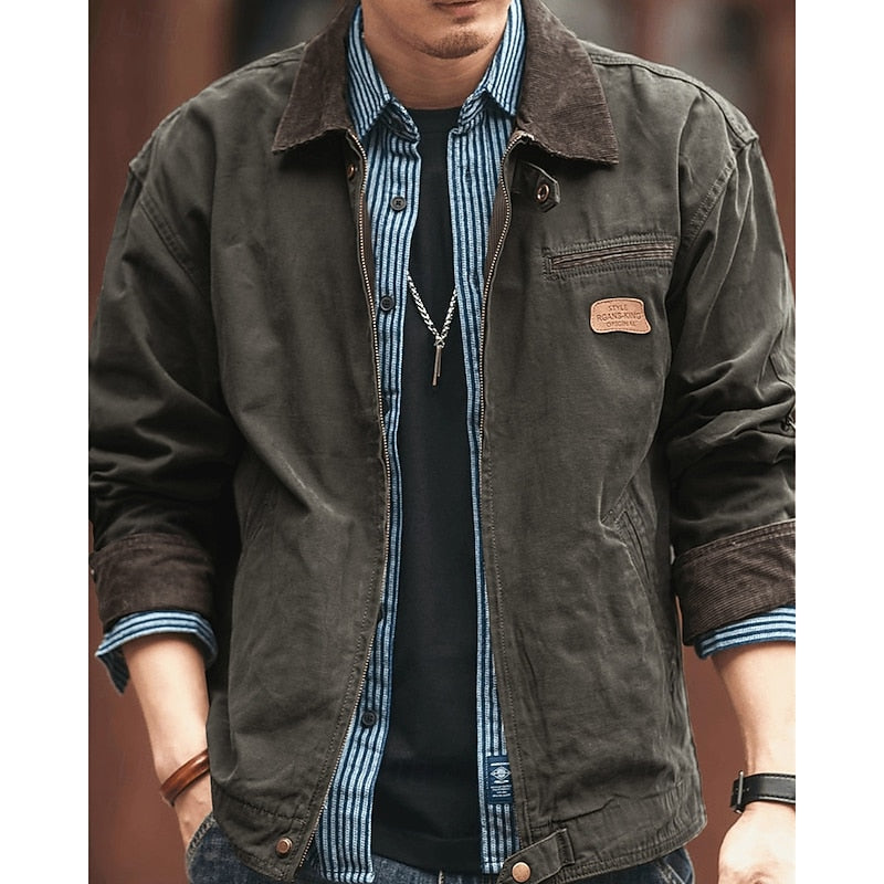 Cotton Utility Jacket Men's Corduroy Collar Khaki – Casual, Autumn, Workwear, Outdoor, Gift