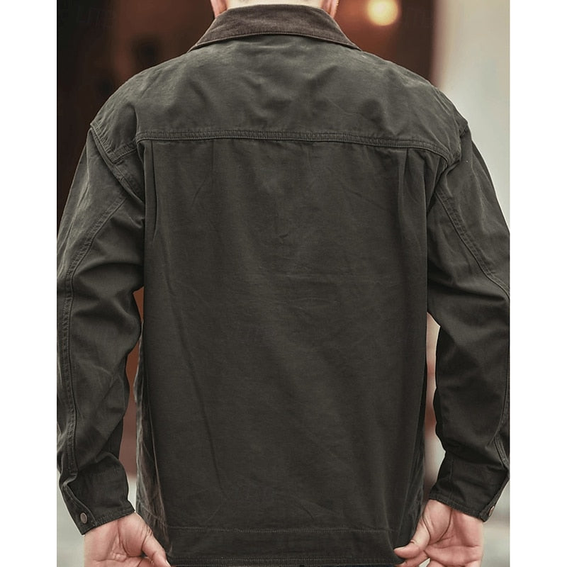 Cotton Utility Jacket Men's Corduroy Collar Khaki – Casual, Autumn, Workwear, Outdoor, Gift