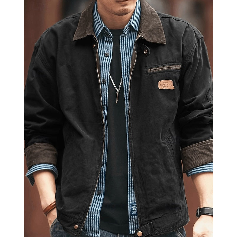 Cotton Utility Jacket Men's Corduroy Collar Khaki – Casual, Autumn, Workwear, Outdoor, Gift