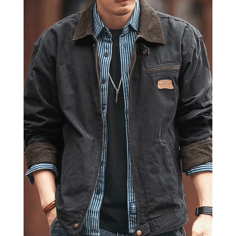 Cotton Utility Jacket Men's Corduroy Collar Khaki – Casual, Autumn, Workwear, Outdoor, Gift