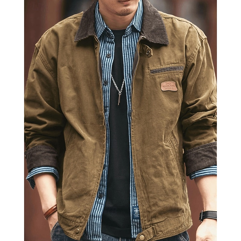 Cotton Utility Jacket Men's Corduroy Collar Khaki – Casual, Autumn, Workwear, Outdoor, Gift