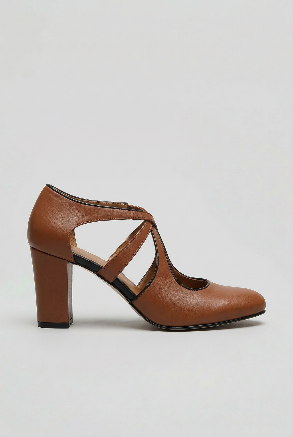 Court Shoes Leather Tan Women's Block Heel Cross-Strap Mary Jane – Office, Casual, Gift