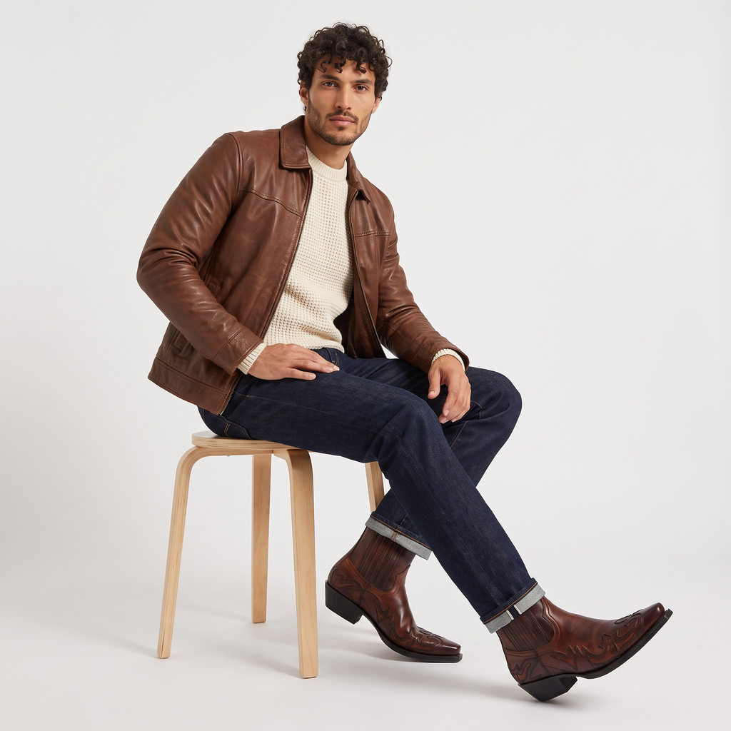 Cowboy Ankle Boots Leather Brown Men's Western Chelsea – Casual, Gift · Werune
