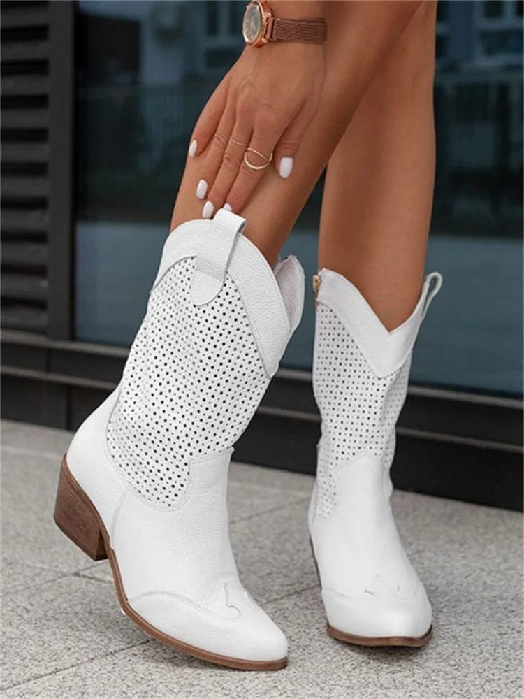Cowboy Boots Suede Cut-Out Block Heel Women's Mid-Calf Western Booties – Casual, Holiday