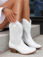 Cowboy Boots Suede Cut-Out Block Heel Women's Mid-Calf Western Booties – Casual, Holiday