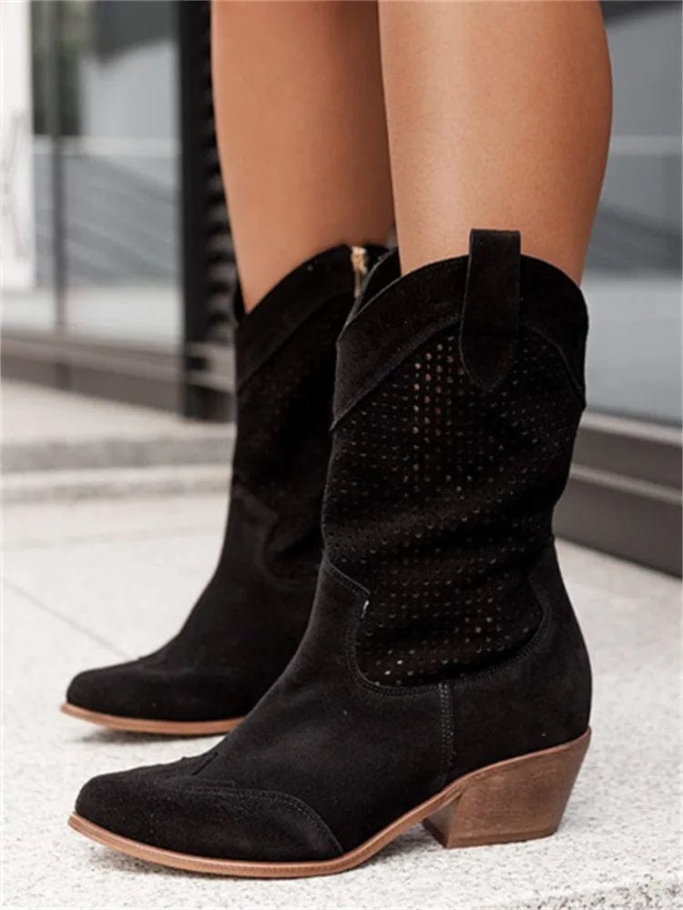 Cowboy Boots Suede Cut-Out Block Heel Women's Mid-Calf Western Booties – Casual, Holiday