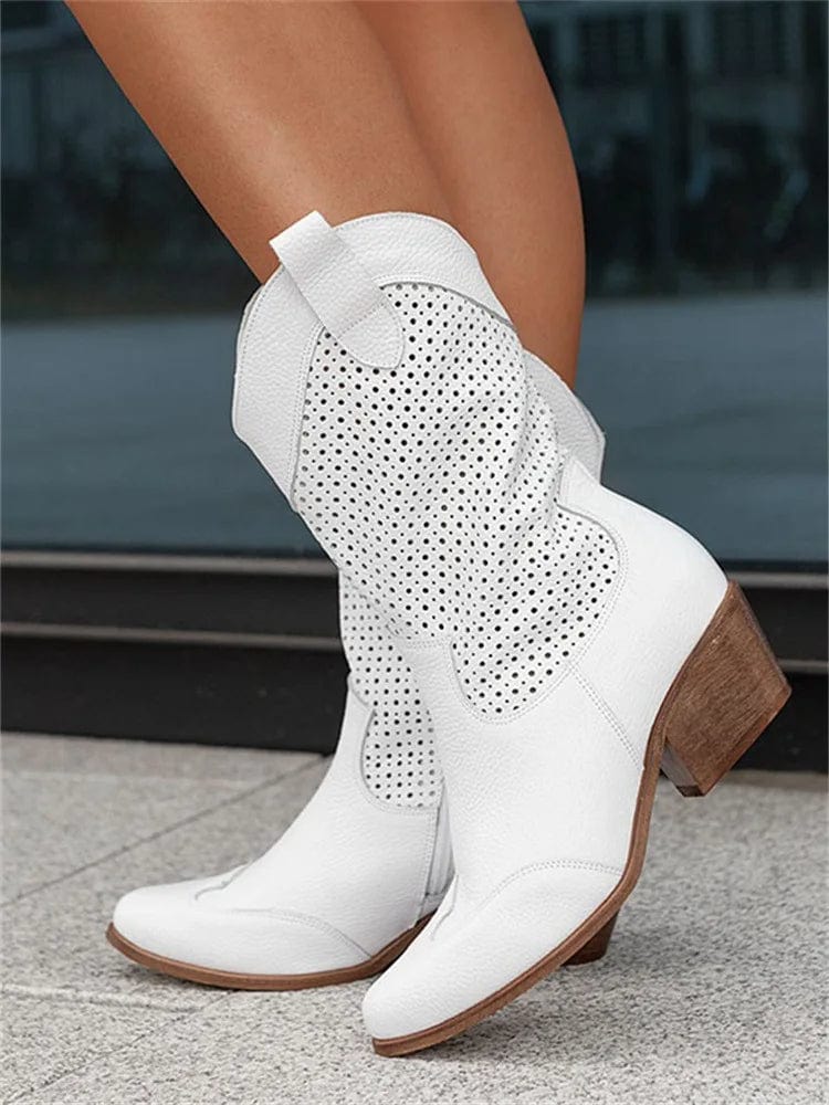 Cowboy Boots Suede Cut-Out Block Heel Women's Mid-Calf Western Booties – Casual, Holiday