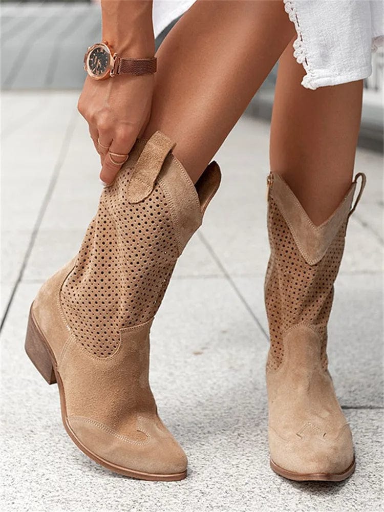 Cowboy Boots Suede Cut-Out Block Heel Women's Mid-Calf Western Booties – Casual, Holiday
