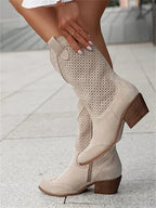 Cowboy Boots Suede Cut-Out Block Heel Women's Mid-Calf Western Booties – Casual, Holiday