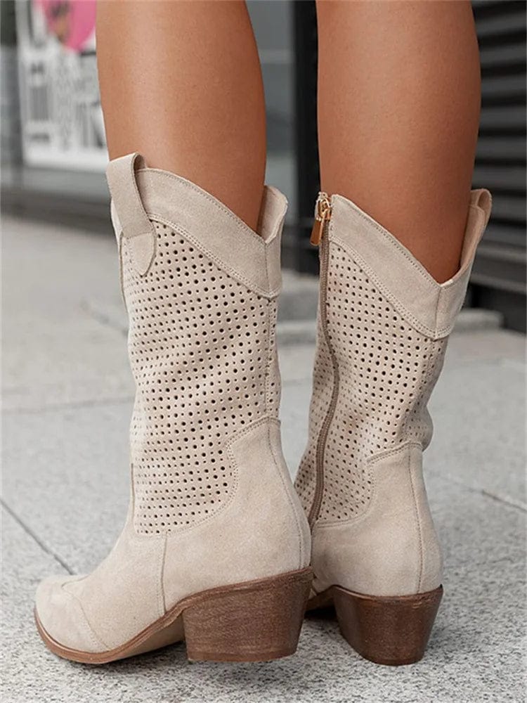 Cowboy Boots Suede Cut-Out Block Heel Women's Mid-Calf Western Booties – Casual, Holiday
