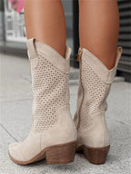 Cowboy Boots Suede Cut-Out Block Heel Women's Mid-Calf Western Booties – Casual, Holiday