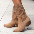 Cowboy Boots Suede Cut-Out Block Heel Women's Mid-Calf Western Booties – Casual, Holiday
